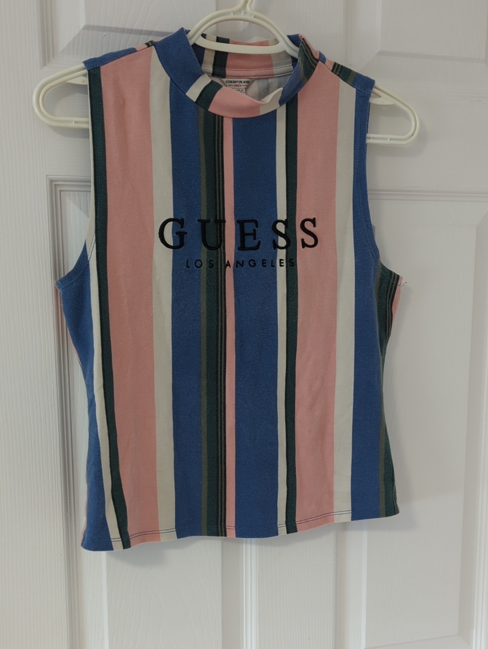 GUESS Vintage Vertical Stripe Mock Neck Tank in Pink, Blue & White